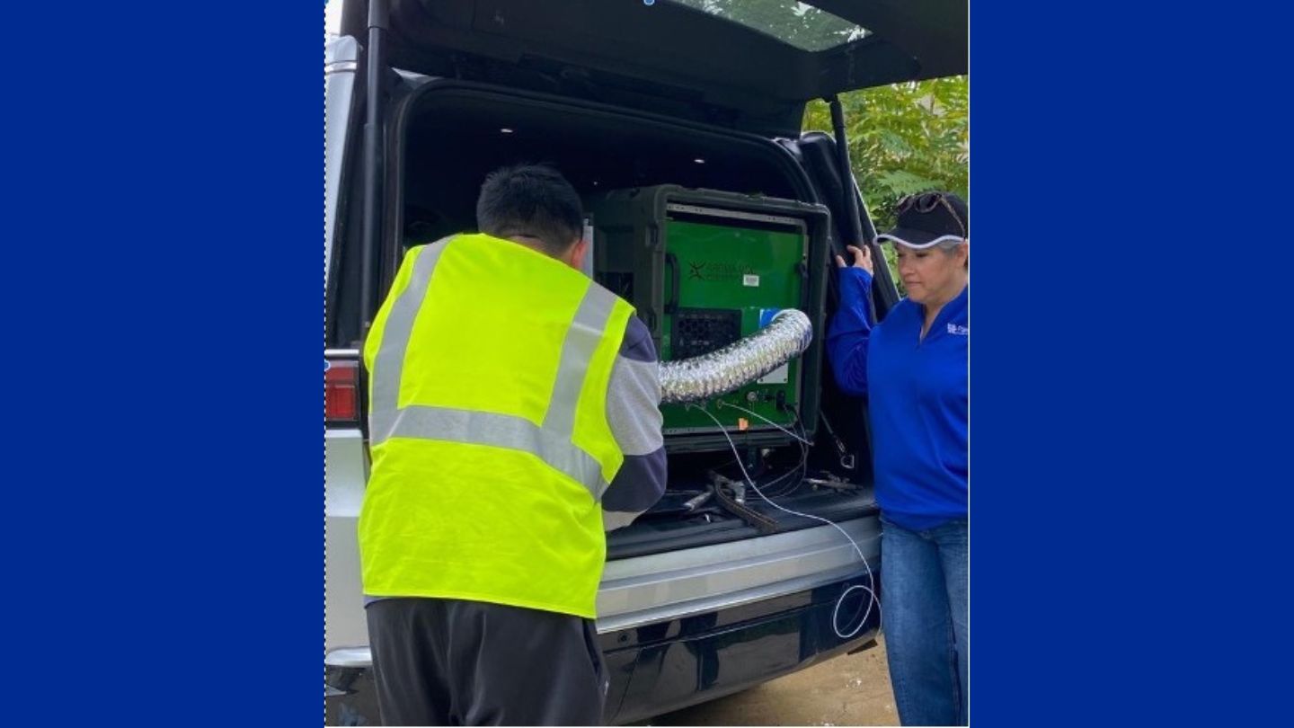 UK Civil Engineering graduate student Herman Tay, left, and Kelly Pennell, Ph.D., at a field site with AROMA-VOC in 2024. Photo by Pennell research group.